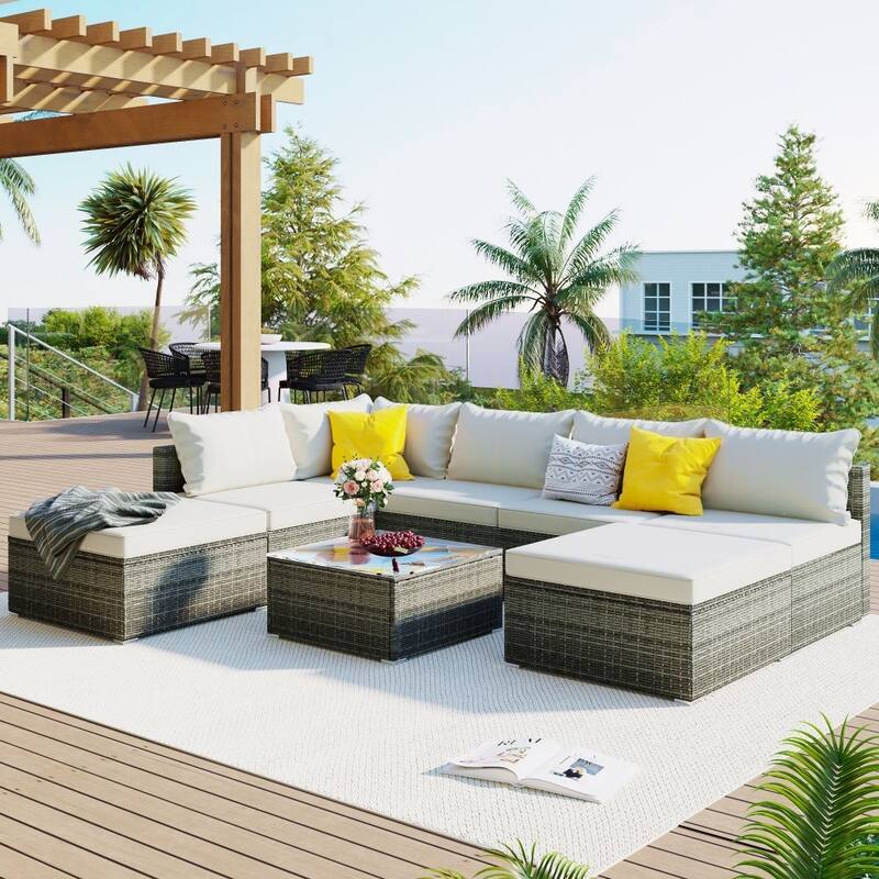 8-Pieces Outdoor Patio Furniture Sets, Garden Conversation Wicker Sofa Set - Beige