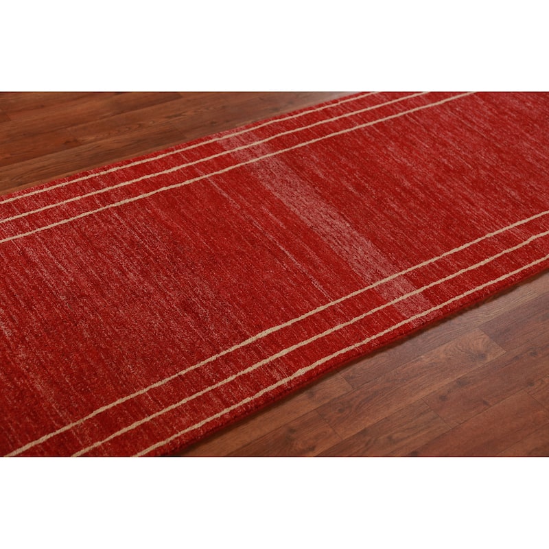 Red Gabbeh Kashkoli Oriental Runner Rug Hand-Knotted Wool Carpet - 2'7"x 10'2" - 2'7"x 10'2" - Red