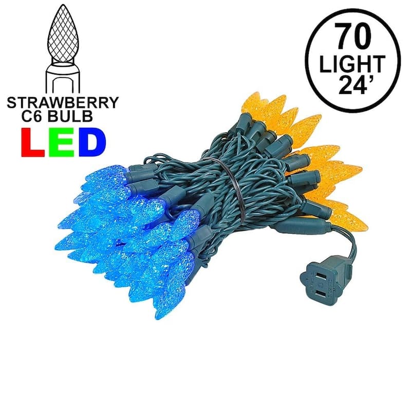 70 Light C6 LED Christmas Mini Light Set, Blue/Orange, Green Wire, 24 Feet - Large