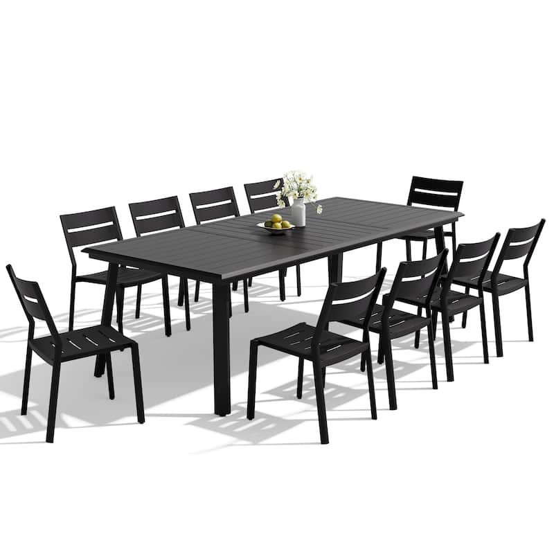 11-Piece Outdoor Aluminum Dining Table with Umbrella Hole and Stackable Chairs Set - Black