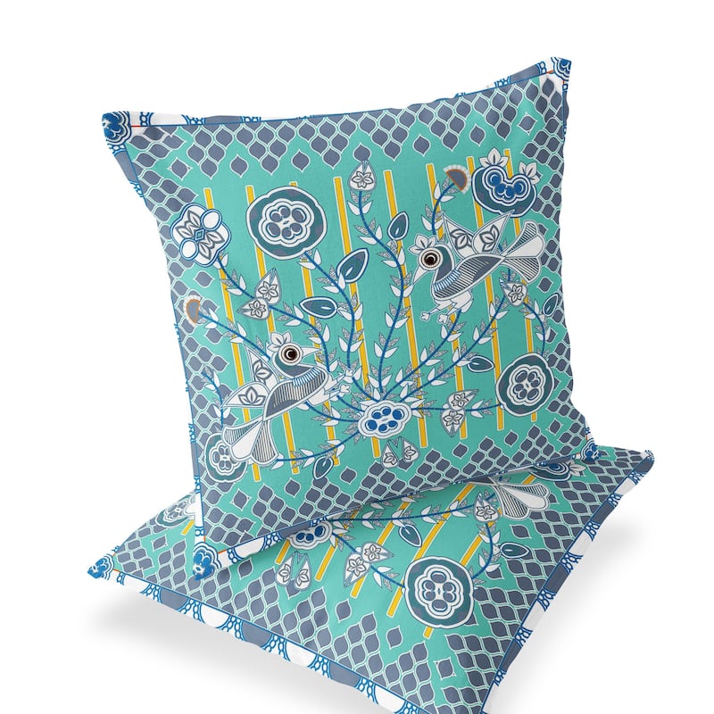 HomeRoots Set of Two 16" X 16" Blue and White Peacock Blown Seam Floral Indoor Outdoor Throw Pillow - 16.00' X '16.00' X '5.00