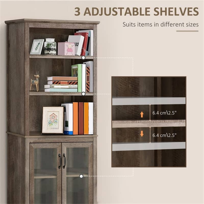 70" Tall Wooden Bookcase with Adjustable Shelves and Glass Door Storage Cabinet for Living Room - 30" W x 15.75" D x 70.75" H