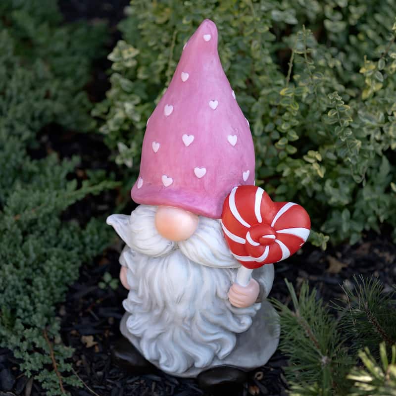 Magnesium Garden Gnome Holding Lollipop Heart with Pink Hat