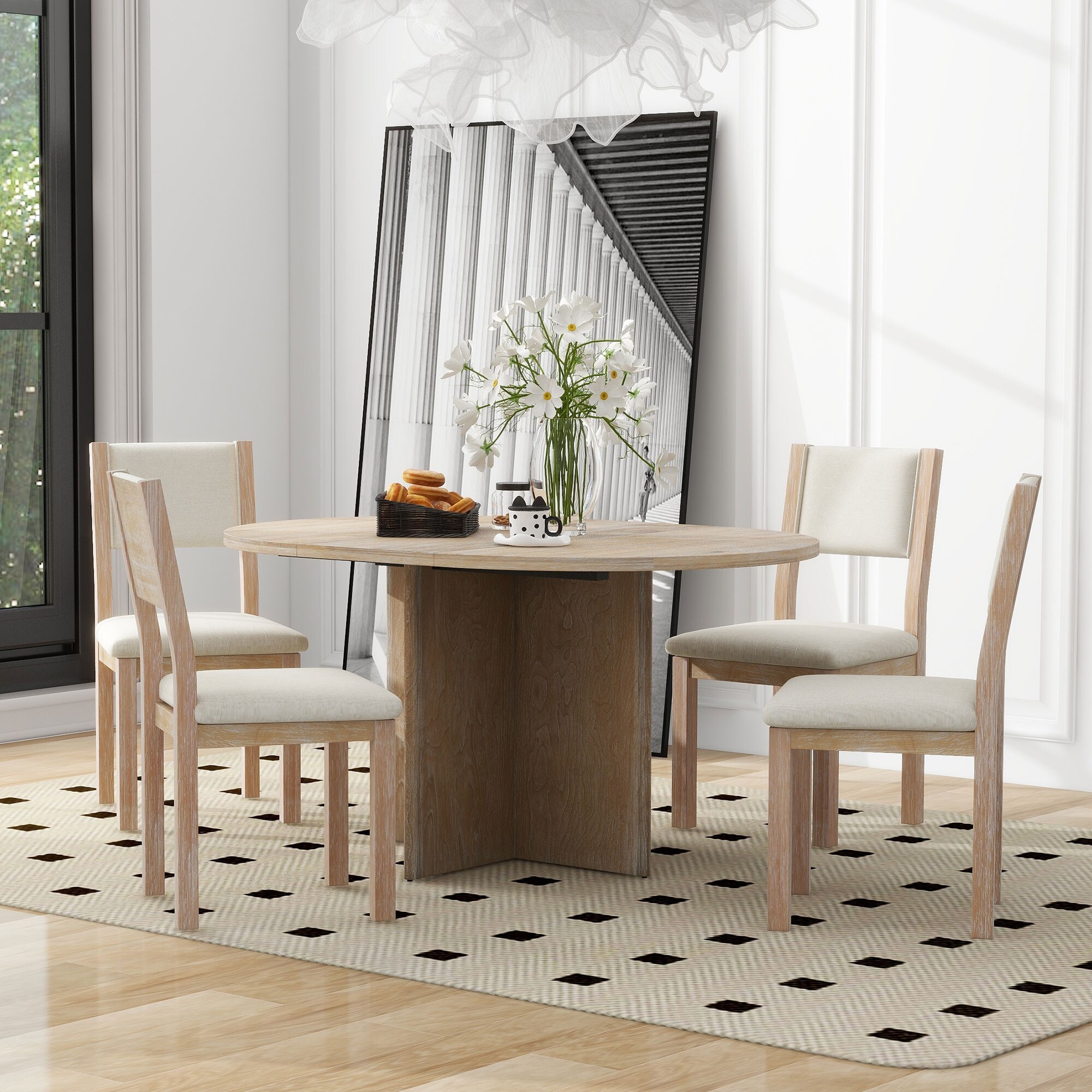 Oval 5 Piece Extendable Dining Table Set w Upholstered Chairs