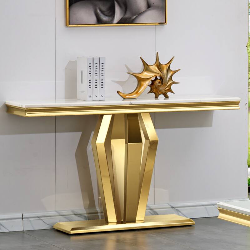 Luxury Rectangular Sofa Console Table Modern Living Room Entryway Table with Mirrored Gold Geometric Base - White