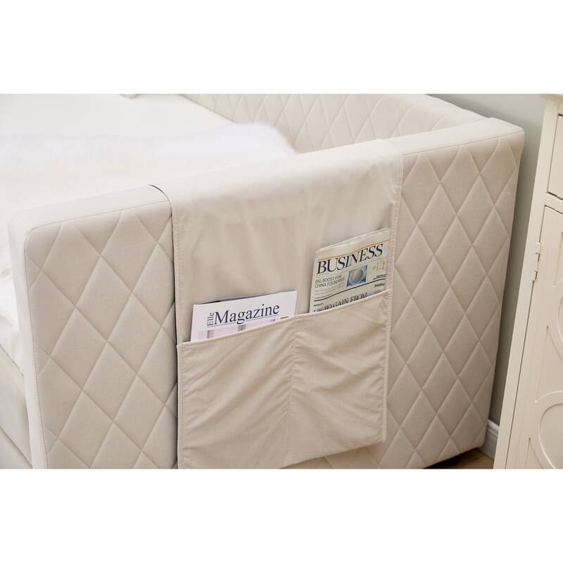 Twin Size Upholstered Daybed with Trundle, Velvet Sofa Bed with USB Port & Side Pockets, Modern V-Grained Backrest Guest Bed