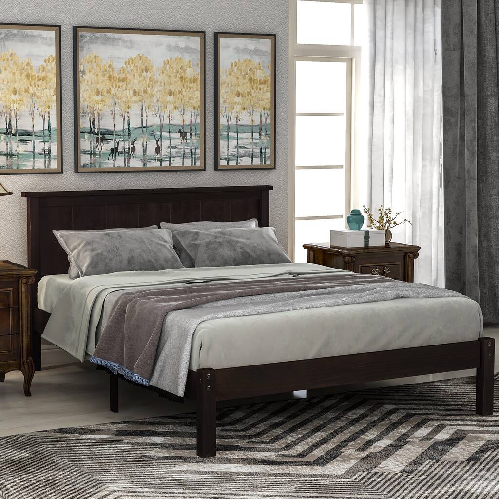 Wood Platform Bed with Headboard, Wood Slat, Full