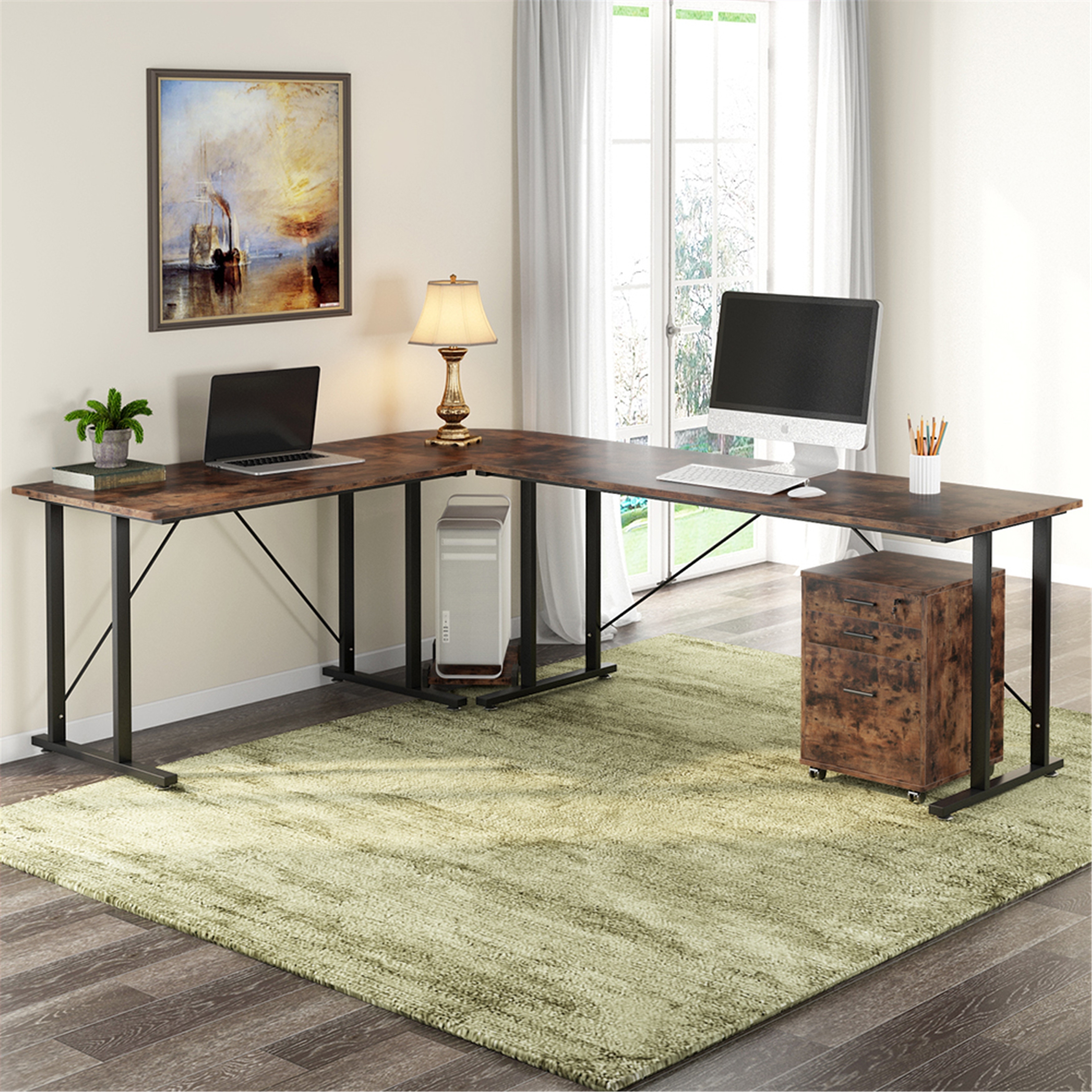 83 Inch Industrial L Shaped Desk With File Cabinet Letter Size Rustic Brown Overstock 31410077