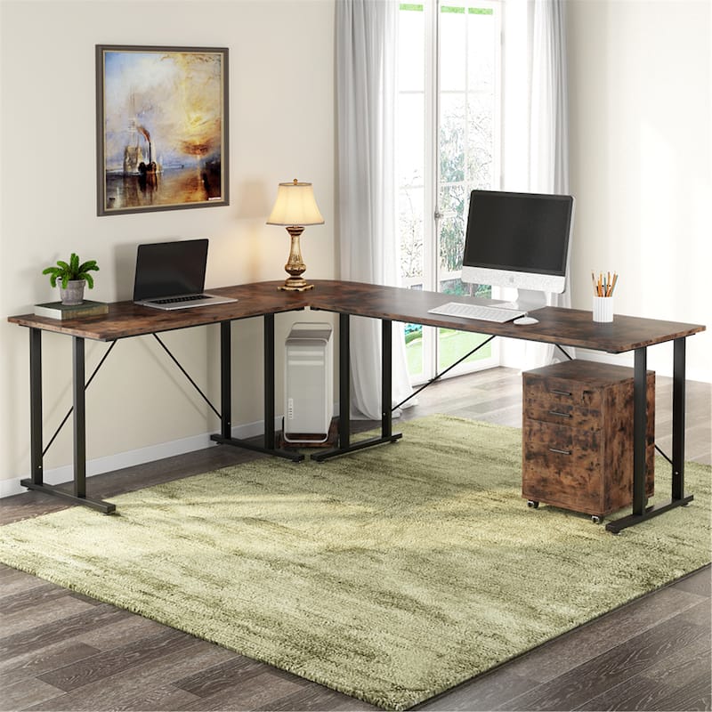 Large Executive Desk with File Cabinet, L Shaped Computer Desk Storage Cabinet - Rustic-brown