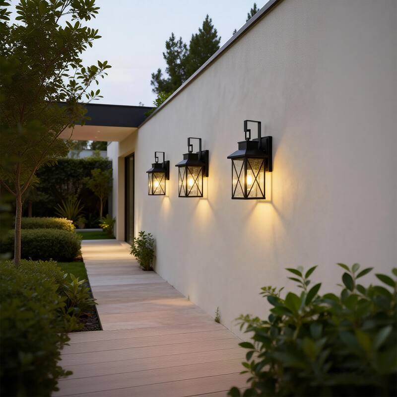 15 in. 1-Light Matte Black Outdoor Wall Sconce with Clear Seeded Glass - E26, Wet Rated, Modern Style