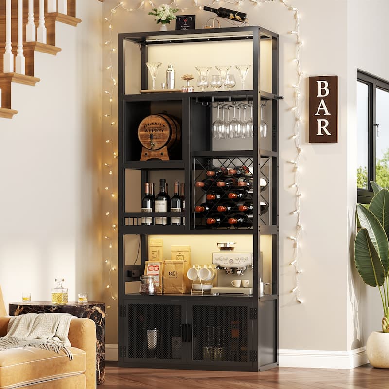 82.6" Tall Wine Cabinet with Glass Holder & Wine Rack，6-Tiers Liquor Storage Cabinet with LED Lights ＆ Charging Station