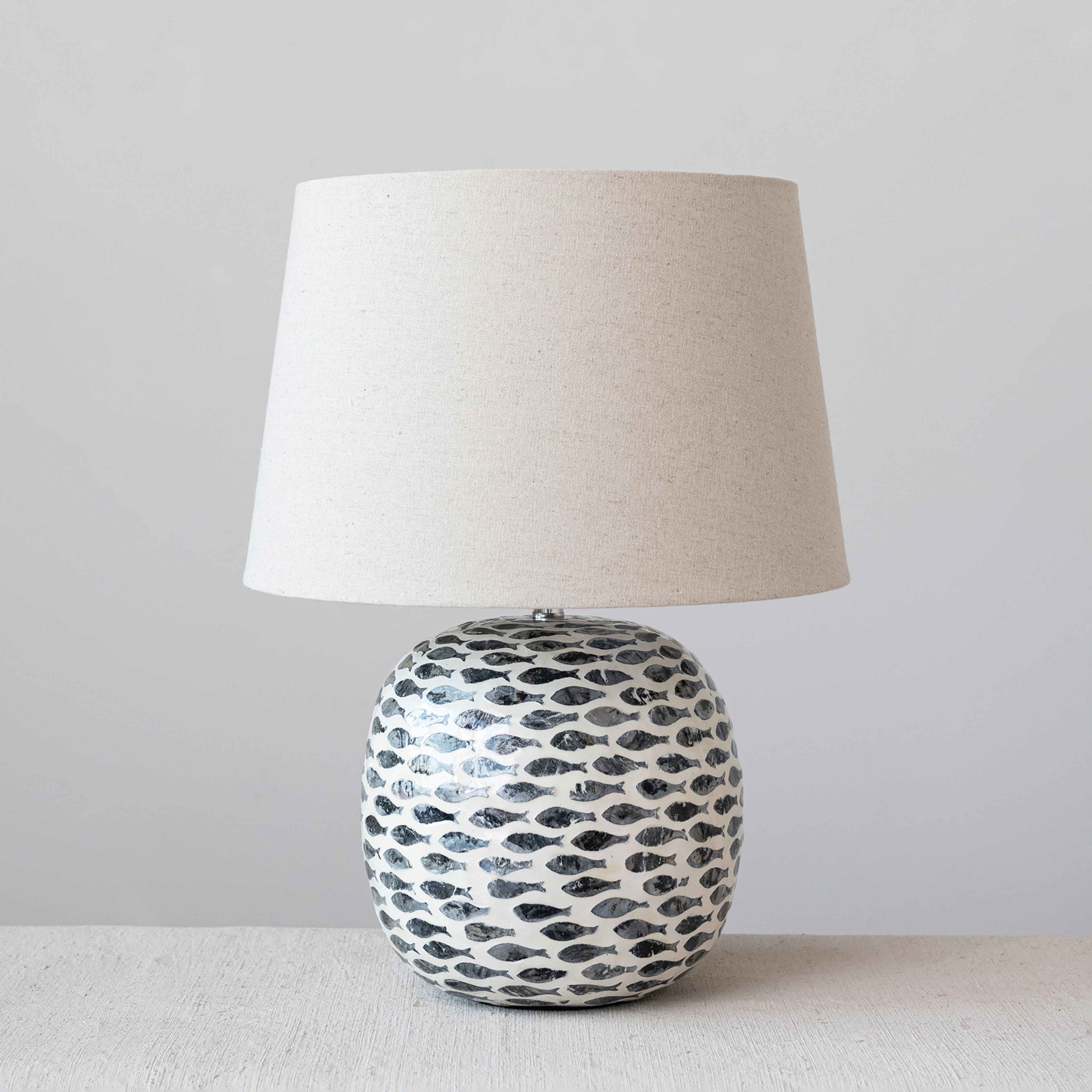 Coastal Capiz and Bamboo Table Lamp with Fish Design - 14.2"L x 14.2"W x 21.3"H
