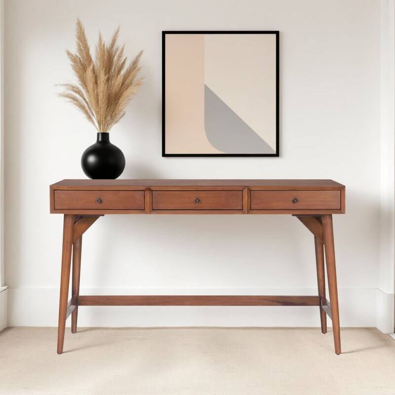 Alpine Furniture Flynn 52" W 3 Drawer Writing Desk, Chestnut