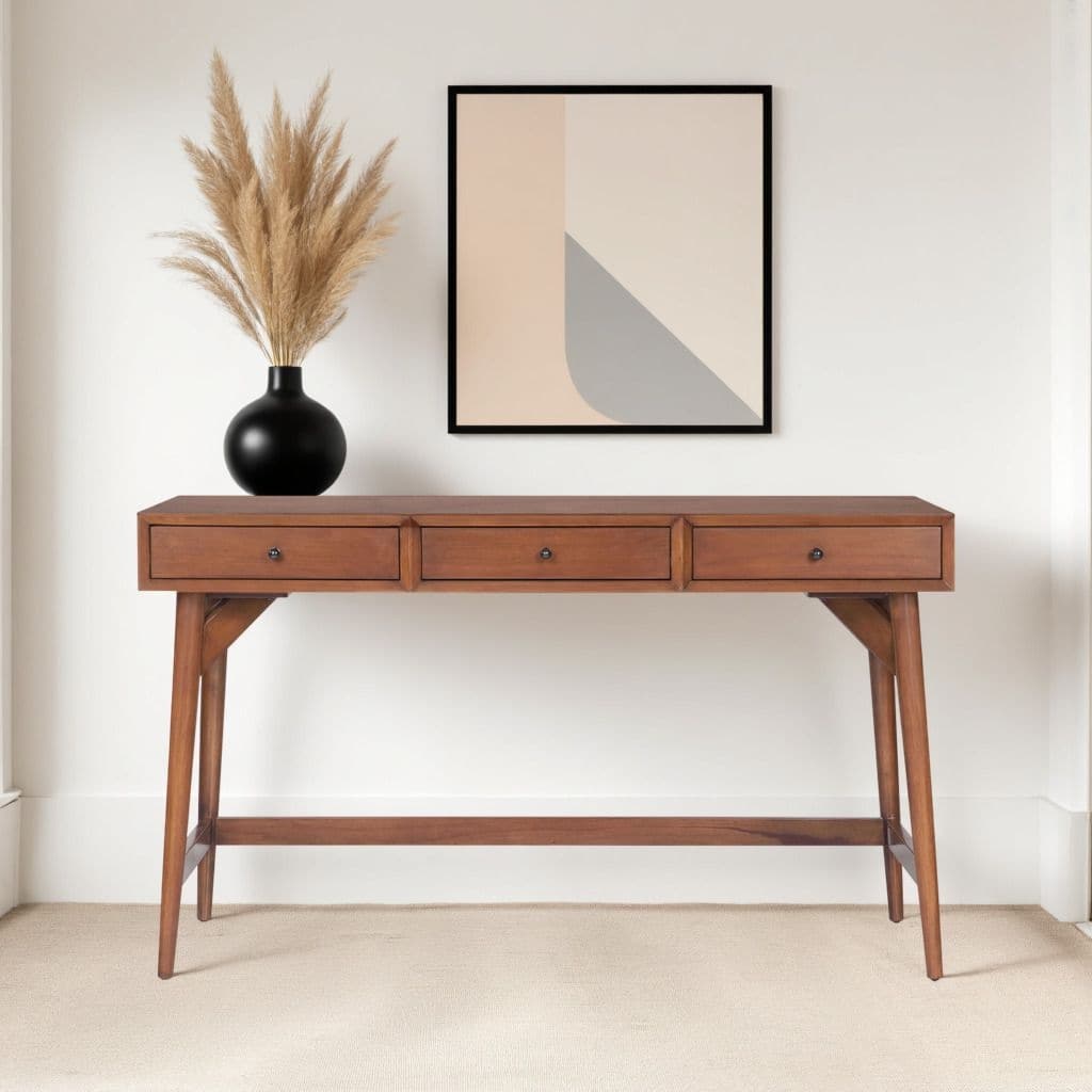 Alpine Furniture Flynn 52" W 3 Drawer Writing Desk, Chestnut