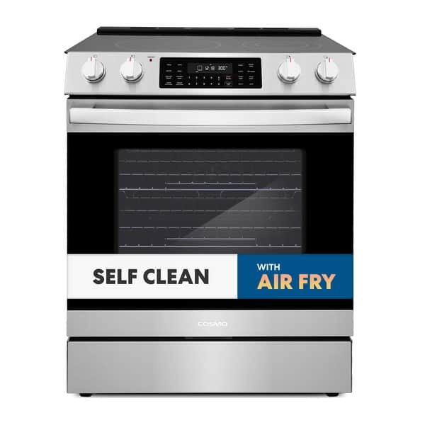 slide 2 of 12, 30 in. 6.3 cu. ft. Electric Range with 5 Burner Glass Cooktop and Self Clean Air Fry Oven in Stainless Steel