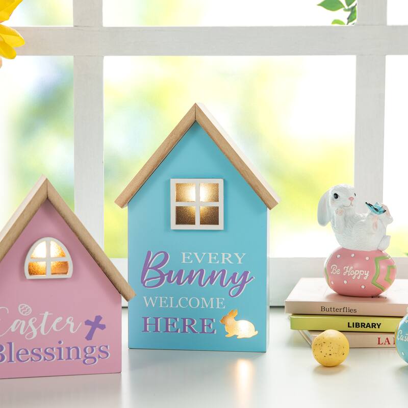 Glitzhome 6"/8"H Set of 2 Lighted Easter Wooden House-shaped Table Decor