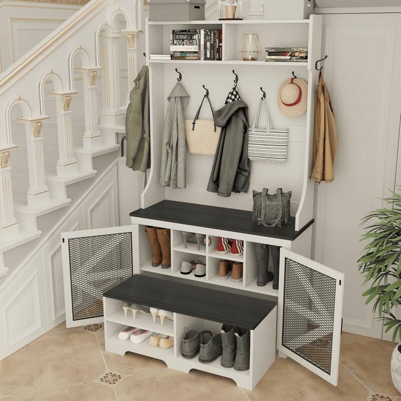 Gymojoy 77" Hall Tree with Bench & Shoe Storage, 4-in-1 Farmhouse Entryway Organizer for Mudroom, Hallway