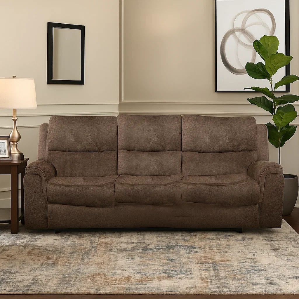 Heny Manual Reclining Sofa, Brown Fabric Seating, 88 Inch, No Sag