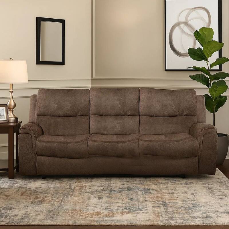 Heny Manual Reclining Sofa, Brown Fabric Seating, 88 Inch, No Sag