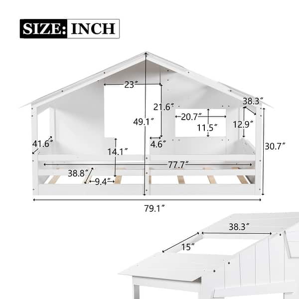 dimension image slide 0 of 3, Solid Wood House Bed with Roof, Window and Guardrail for Kids, Boys and Girls, Bedroom