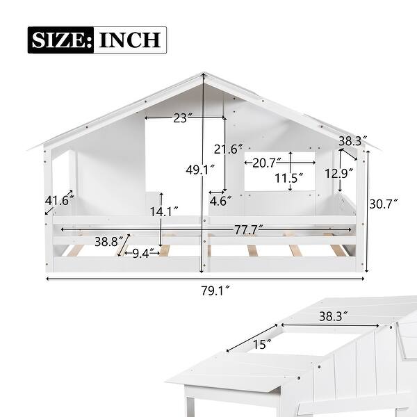 dimension image slide 1 of 5, Wood House Bed with Roof & Door, Window and Guardrail