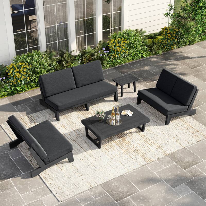 Casual Teak Outdoor Patio Conversation Set with Cushioned Sofa Loveaseat - Dark Wood - Dark Grey-5 Piece