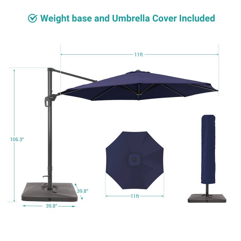 BONOSUKI Outdoor 11Ft UV Protection Patio Cantilever Umbrella w/Base