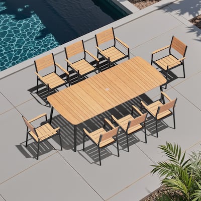 9-Piece Outdoor Rectangular Dining Table Set with Umbrella Hole and Stackable Armchairs
