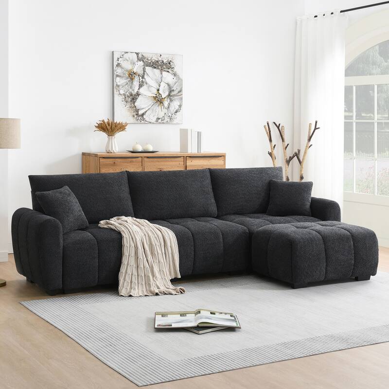 110" Modular L-Sectional - Boucle Fabric, Pull-Line Design, Movable Ottoman, 3 Color Options - Black