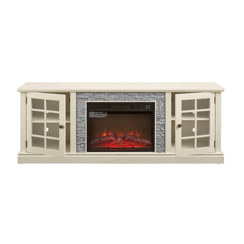 Fireplace TV Stand with 23" Electric Fireplace, Faux Stacked Stone Surround Media Cabinet TV Console for TVs up to 75"