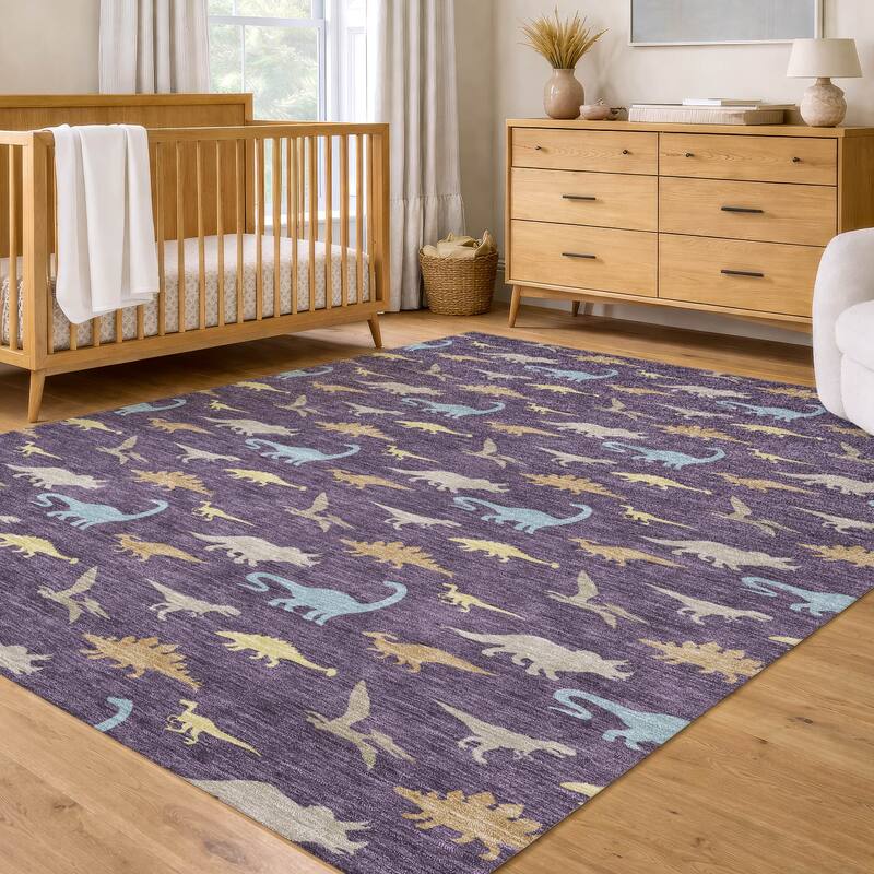 Machine Washable Indoor/ Outdoor Modern Dinosaur Chantille Rug