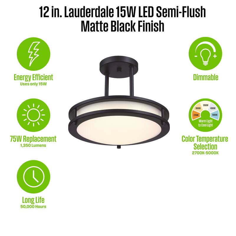 Westinghouse Lighting Lauderdale 12 Inch 15 Watt LED Indoor Semi Flush Mount Ceiling Fixture with Color Temperature Selection