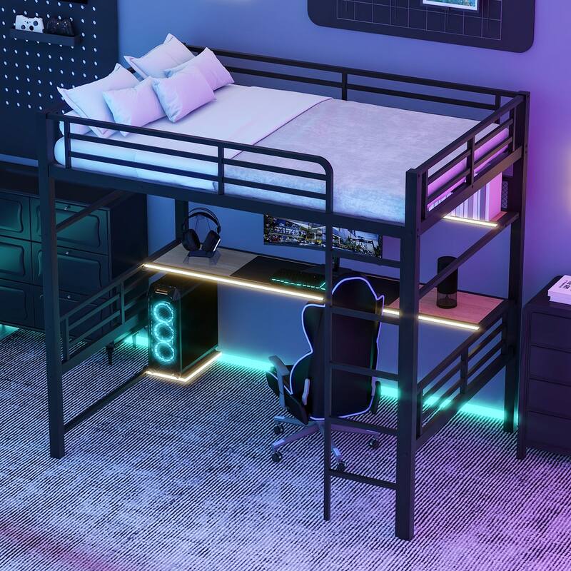 Full Size Metal Loft Bed with Storage Shelf, LED Light, and Built-in Desk