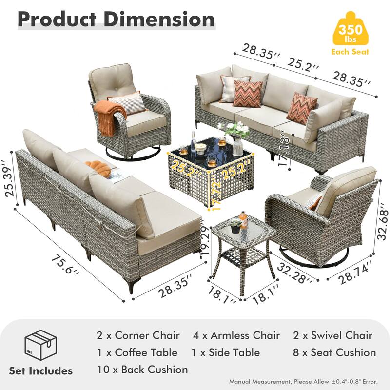 HOOOWOOO 10-piece Outdoor Furniture Wicker Swivel Rocking Chair Set