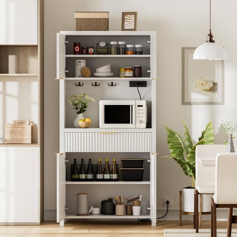 71"Pantry Storage Cabinet with Drawer, Charging Station and Open Countertop for Dining Living Room