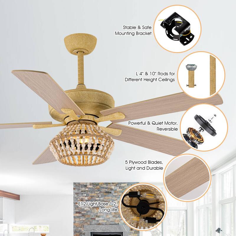 52-inch Farmhouse 5-Blades Beaded Reversible Ceiling Fan with Remote and Light Kit