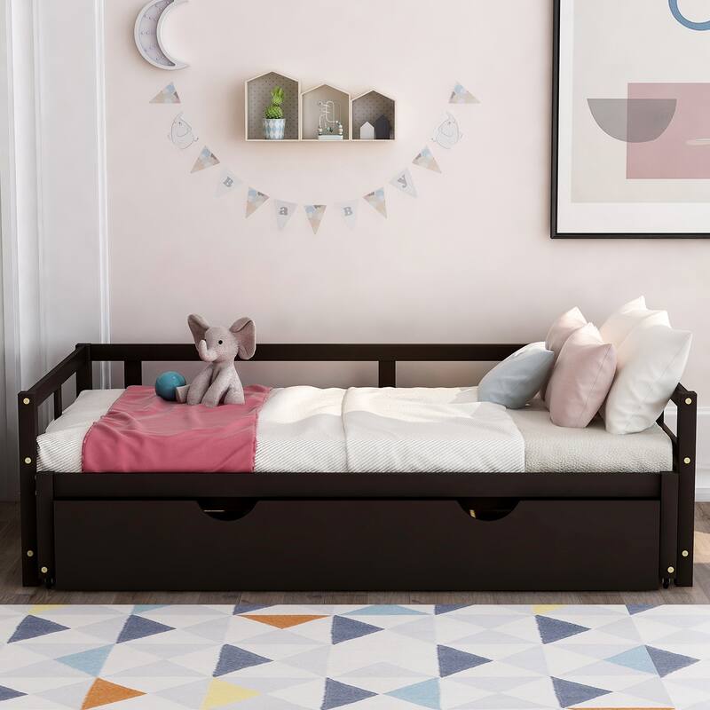 Twin Size Extending Daybed with Trundle, Wooden Daybed with Trundle, White - Espresso