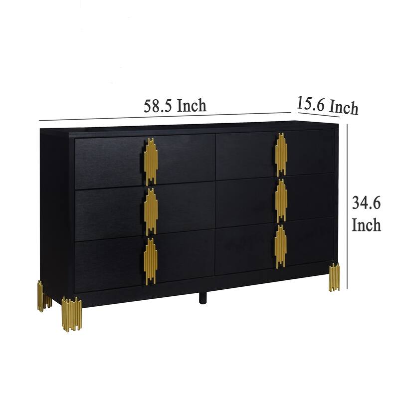 Theo Wide Dresser, 6 Drawers, Retro Style Gold Handles, Black 59 Inch