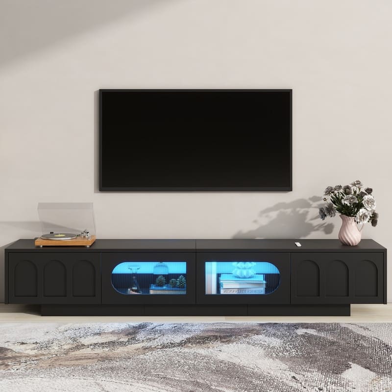 Modern 95" TV Stand with App-Controlled LED Lights and Fluted Glass Doors