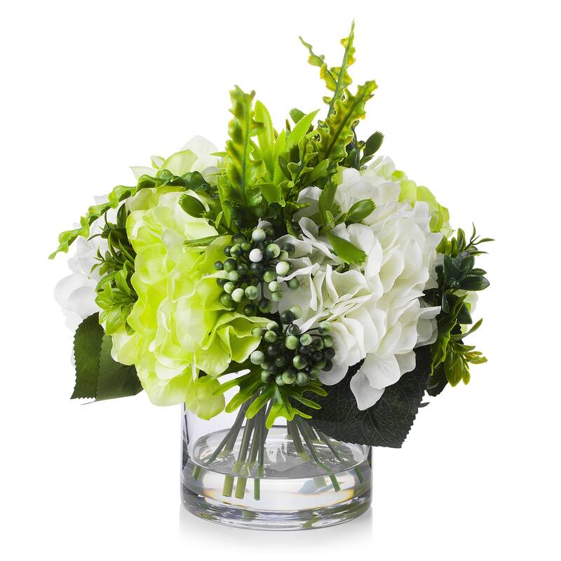 Enova Home Artificial Mixed Fake Silk Hydrangea Flowers Arrangement in Clear Glass Vase for Home Office Decoration