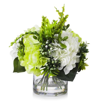 Enova Home Artificial Mixed Fake Silk Hydrangea Flowers Arrangement in Clear Glass Vase for Home Office Decoration