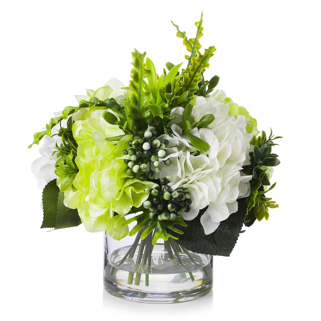 Enova Home Artificial Mixed Fake Silk Hydrangea Flowers Arrangement in Clear Glass Vase for Home Office Decoration