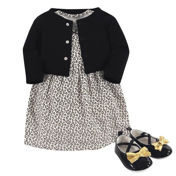 slide 1 of 1, Little Treasure Baby Girl Cotton Dress, Cardigan and Shoe 3pc Set, Leopard 0-3 Months - Leopard