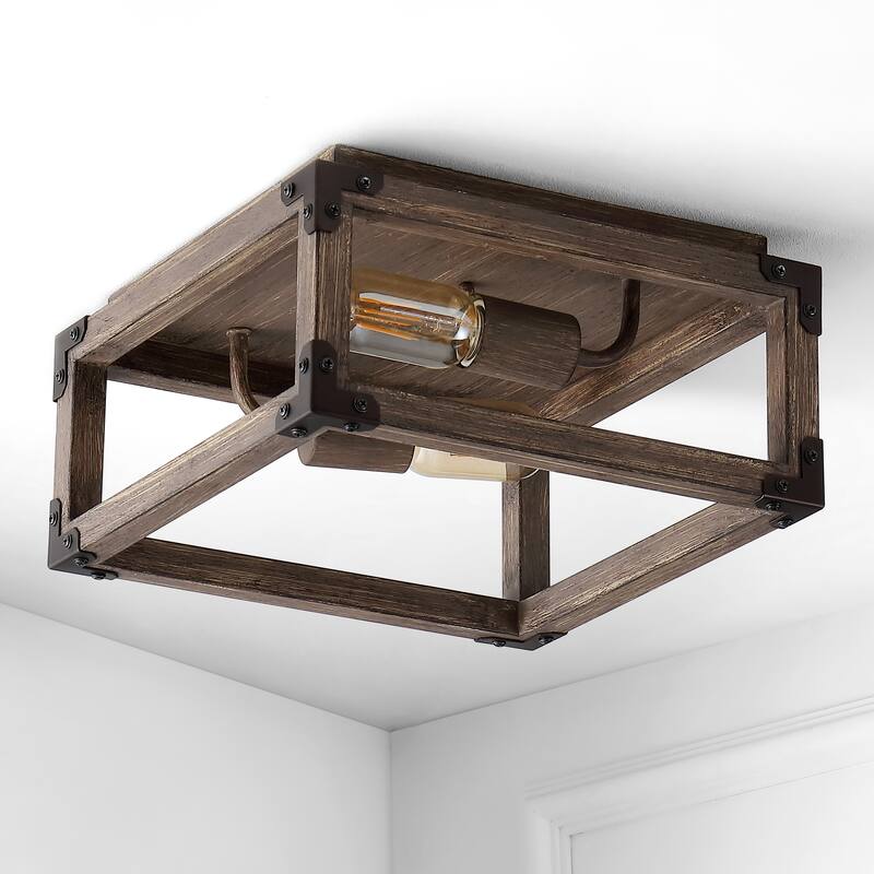 Marais 11.5" 2-Light Iron Rustic Farmhouse LED Flush Mount, Brown by JONATHAN Y