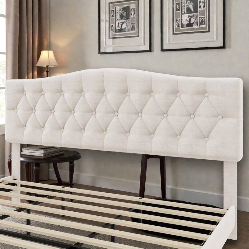 Upholstered Platform Bed with Adjustable Saddle-Curved Diamond Tufted Headboard, Wooden Slats and Metal Support