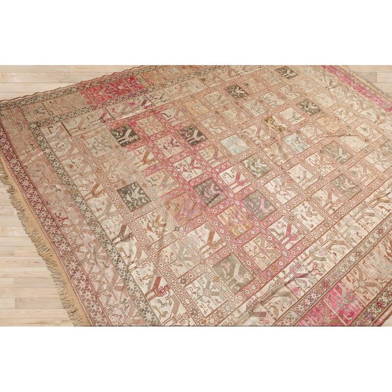 Hand Knotted Beige Authentic Pictorial Soumak Persian Silk Traditional Oriental Area Rug - 6' 8'' x 8' 6''