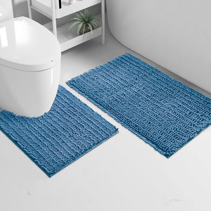 2 Piece Set Blue Soft Cozy Plush Chenille Bath Mat Bathroom Rug - 36"x24" + 23"x23" U - Blue