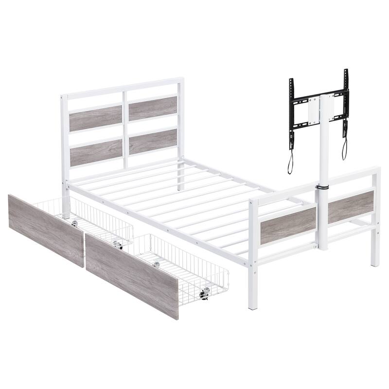 Twin Size Metal Platform Bed with Drawers and Rotatable TV Stand