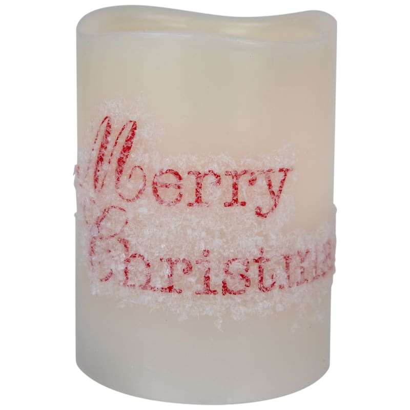 3 Frosted White "Merry Christmas" Flameless LED Wax Pillar Candles 6"