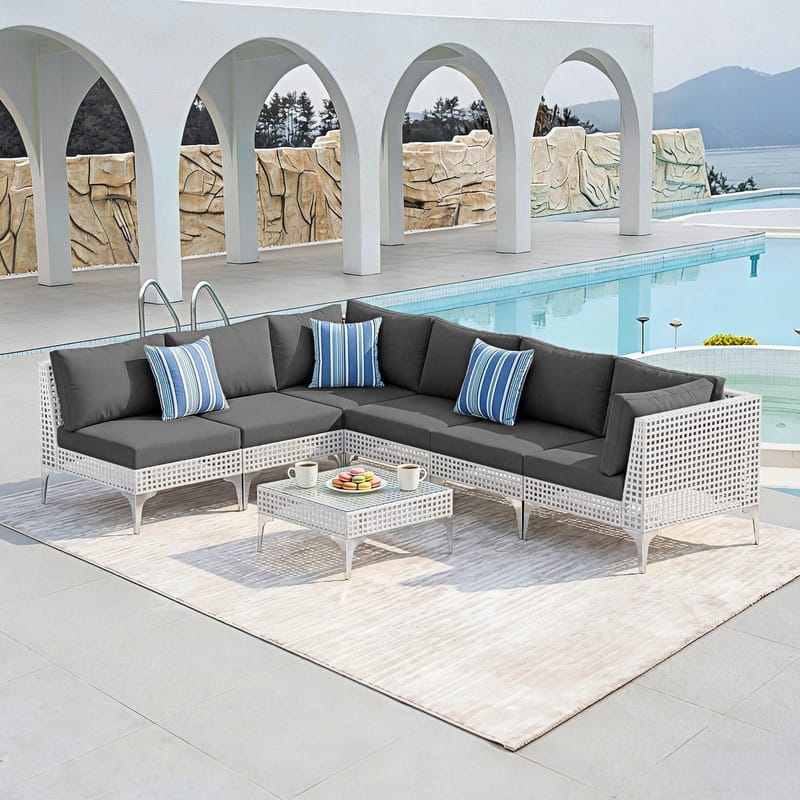 FINCATI Modern Patio Furniture Set with Table, Outdoor Wicker Sectional Seating Group With Cushions - 7 PCS-Dark Grey